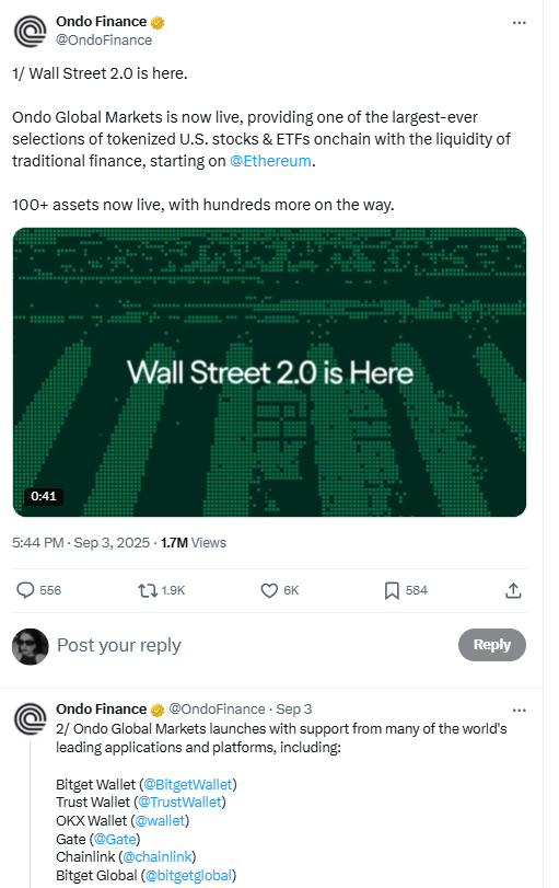 Ondo Global Markets Launch AnnouncementSource: X (Ondo Finance official account)