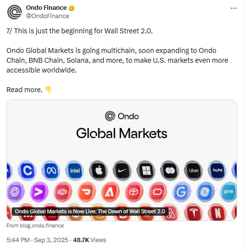 Ondo Global Markets Expansion AnnouncementSource: X (Ondo Finance official account)