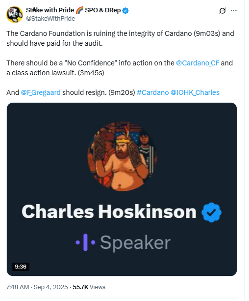 Charles Hoskinson Criticizes Cardano FoundationSource: X (@StakeWithPride)