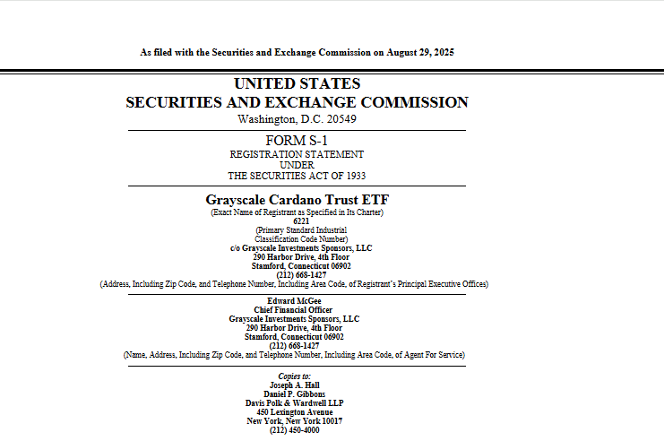 Grayscale Cardano Trust ETF SEC FilingSource: U.S. Securities and Exchange Commission (Form S-1, filed August 29, 2025)