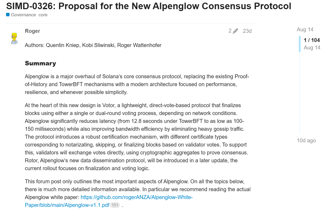 SIMD-0326: Proposal for the New Alpenglow Consensus ProtocolSource: Solana Forum (Governance, Core)