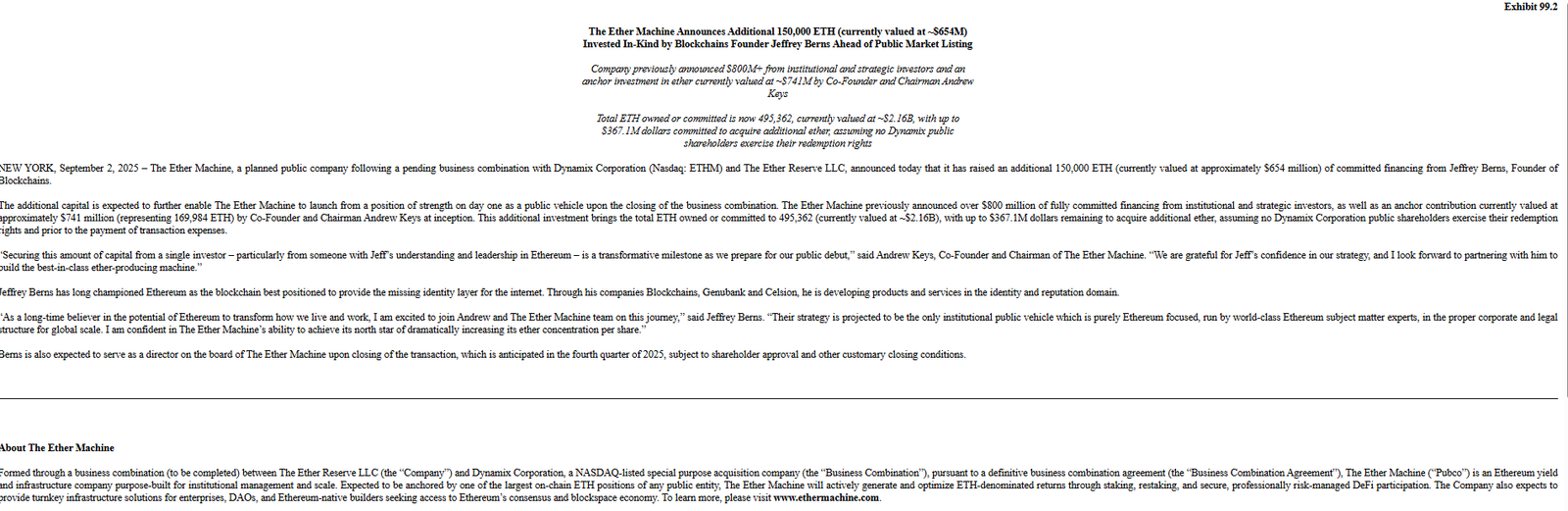 Exhibit 99.2 – The Ether Machine Press ReleaseSource: U.S. Securities and Exchange Commission (sec.gov)