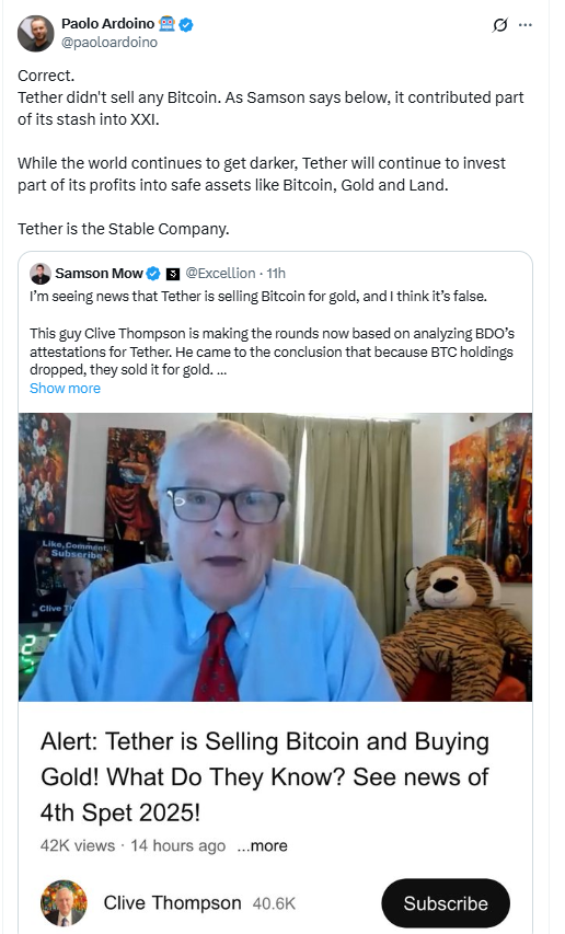 Tether CEO Denies Bitcoin Sell-Off. Source: X (@paoloardoino)