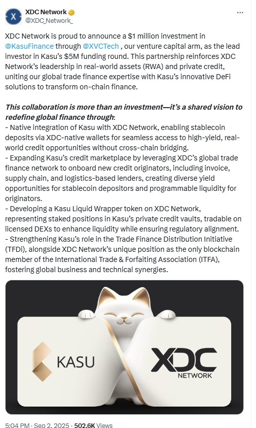 XDC Network Kasu Investment.Source: X (Official Account @XDC_Network_)