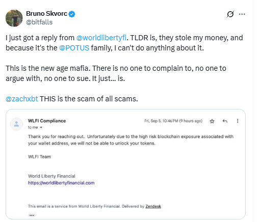 Bruno Skvorc Post on WLFI FreezeSource: X (@bitfalls)