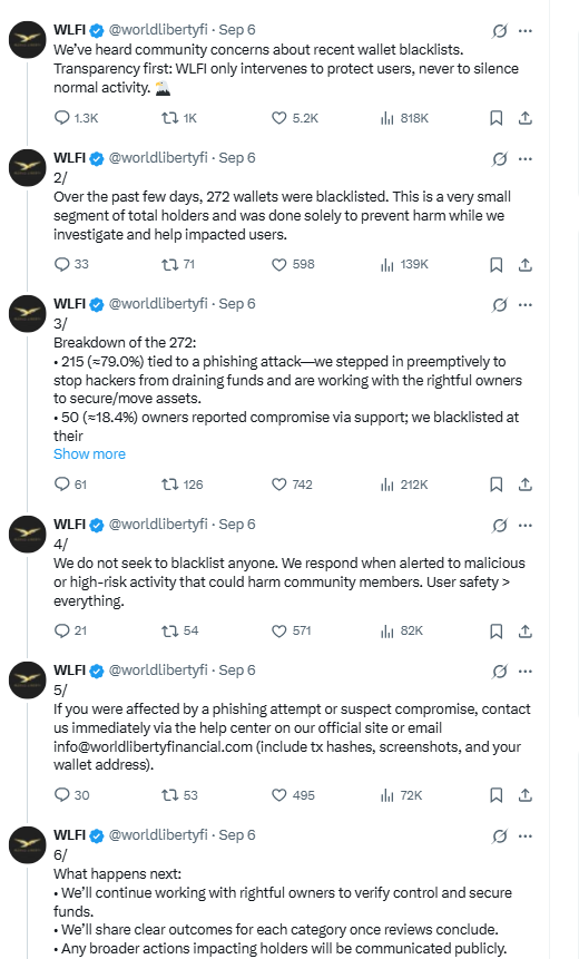 WLFI Response on Wallet BlacklistsSource: X (@worldlibertyfi)