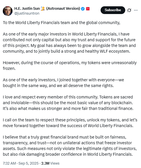 Justin Sun Statement on Frozen WLFI TokensSource: X (@justinsuntron)