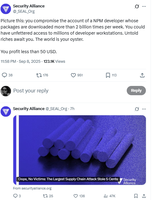 Security Alliance Post on NPM AttackSource: X (@_SEAL_Org)