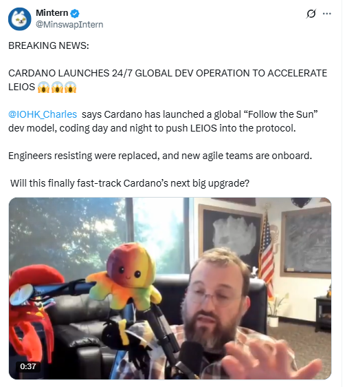 Cardano Leios 24/7 Development TweetSource: X (@MinswapIntern)
