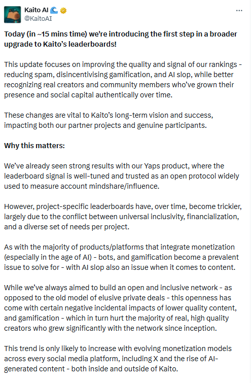 Kaito AI Leaderboard Upgrade. Source: X (@KaitoAI)