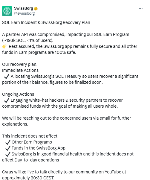 SwissBorg SOL Earn Recovery Plan. Source: X SwissBorg