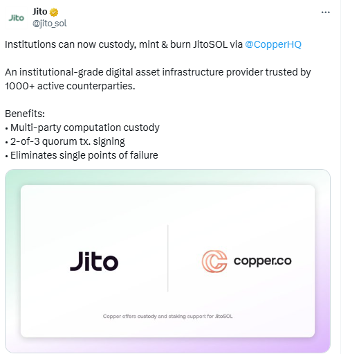 JitoSOL Copper Integration. Source: Jito on X