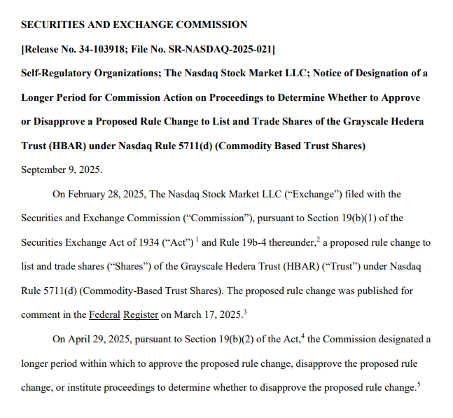 SEC Hedera Trust Review Delay. Source: U.S. Securities and Exchange Commission