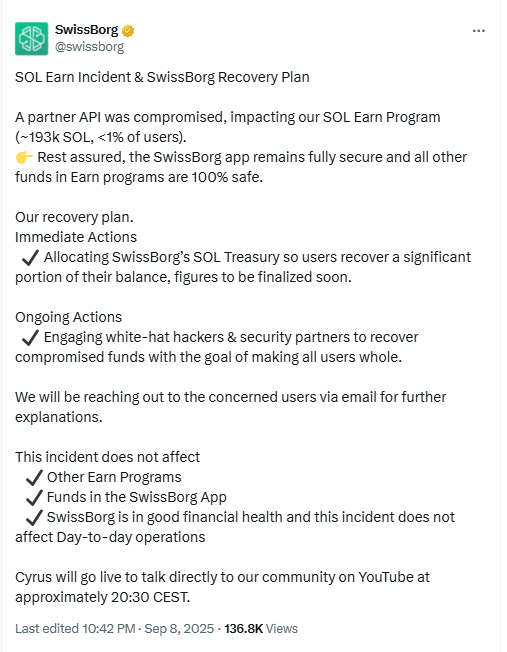 SwissBorg SOL Earn Recovery Plan. Source: X SwissBorg