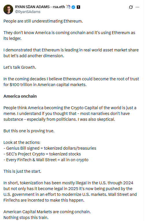 Ryan Sean Adams On Ethereum Tokenization. Source: X