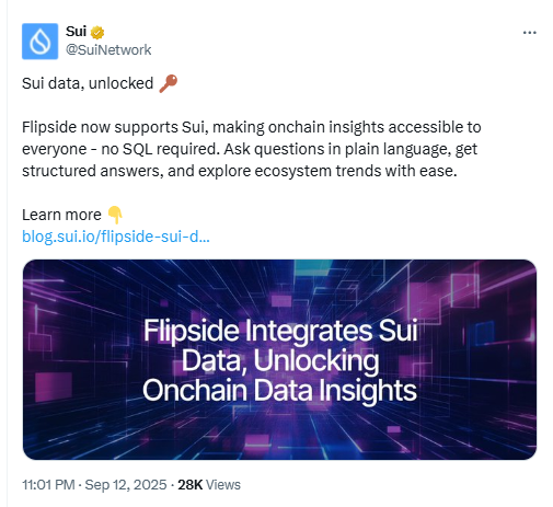 Flipside Integrates Sui Data. Source: SuiNetwork on X