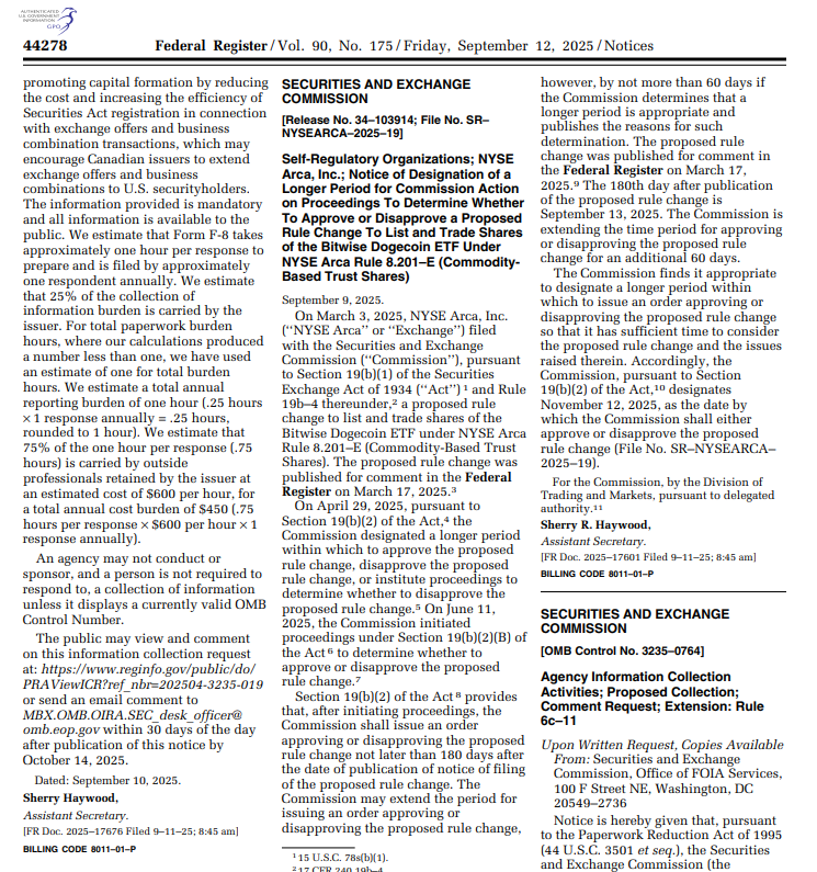 SEC Bitwise Dogecoin ETF Extension. Source: Federal Register