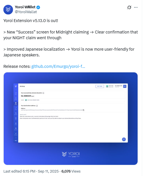Yoroi Extension v5.13.0 Update. Source: Yoroi Wallet on X