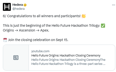 Hedera Hackathon Closing Celebration. Source: Hedera on X