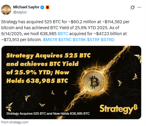 Strategy 525 BTC Purchase. Source: Michael Saylor on X