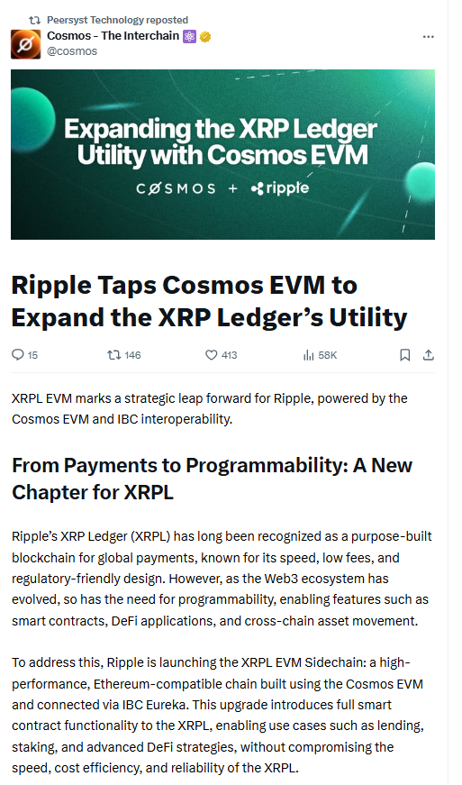 Ripple Taps Cosmos EVM for XRPL. Source: Cosmos