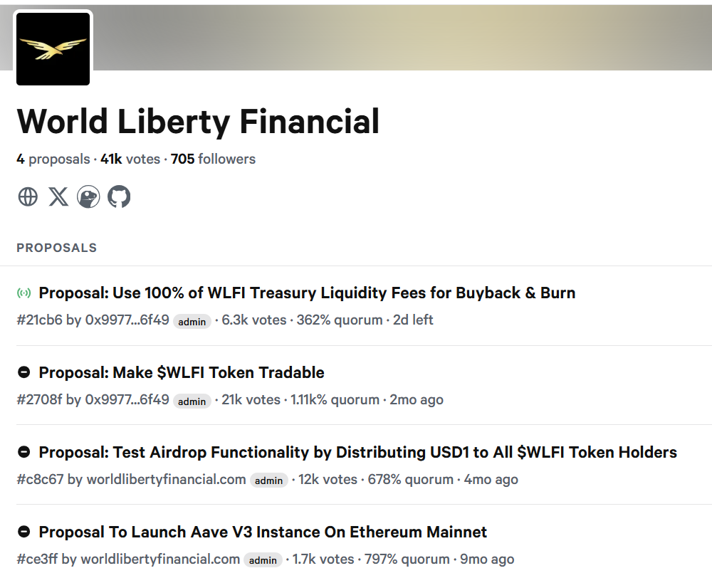 WLFI Governance Proposals. Source: World Liberty Financial vote portal