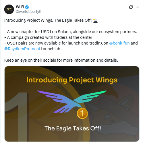WLFI Project Wings USD1 Solana. Source: WLFI on X