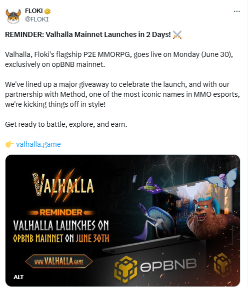 Floki Valhalla Mainnet Launch Reminder. Source: X Floki