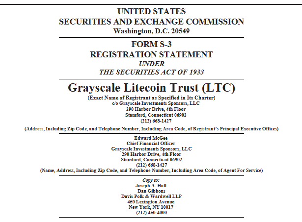 Grayscale Litecoin Trust S 3 Registration. Source: SEC EDGAR