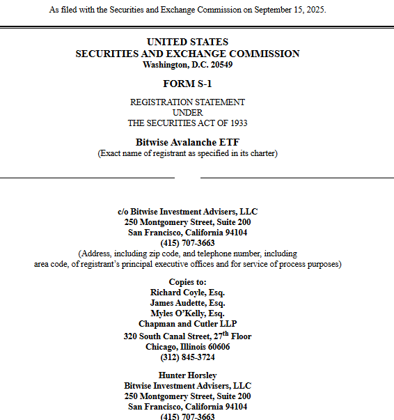 Bitwise Avalanche ETF Form S 1. Source: SEC EDGAR