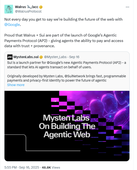 Sui AP2 Launch Announcement. Source: Walrus on X