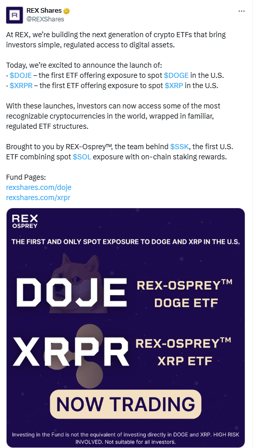 DOJE XRPR Now Trading. Source: REX Shares on X