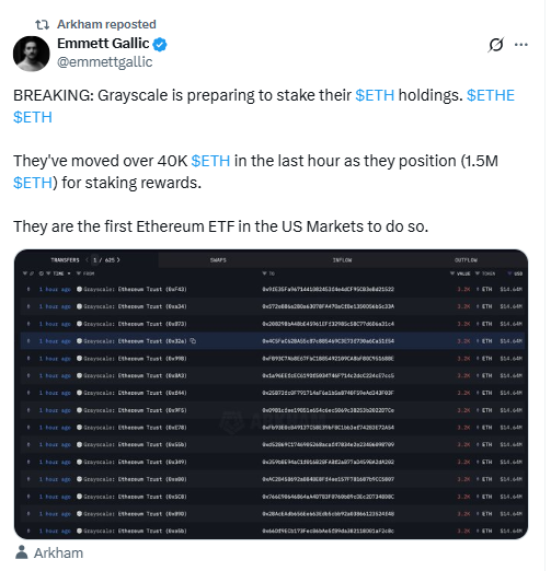 Grayscale ETH Staking Transfers. Source: Emmett Gallic on X, Arkham