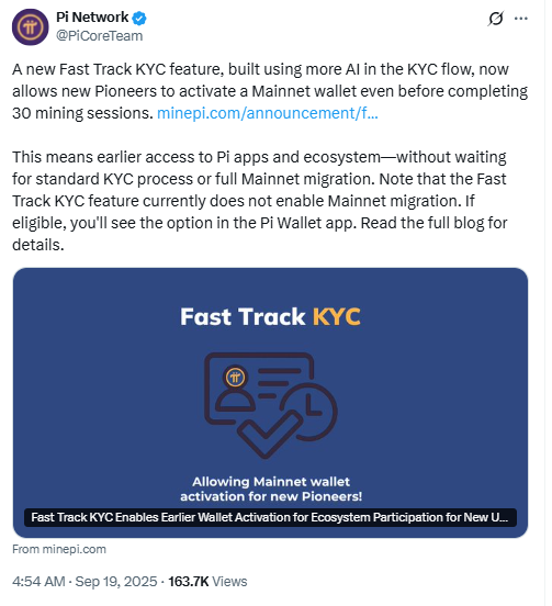 Fast Track KYC Wallet Activation. Source: Pi Core Team on X