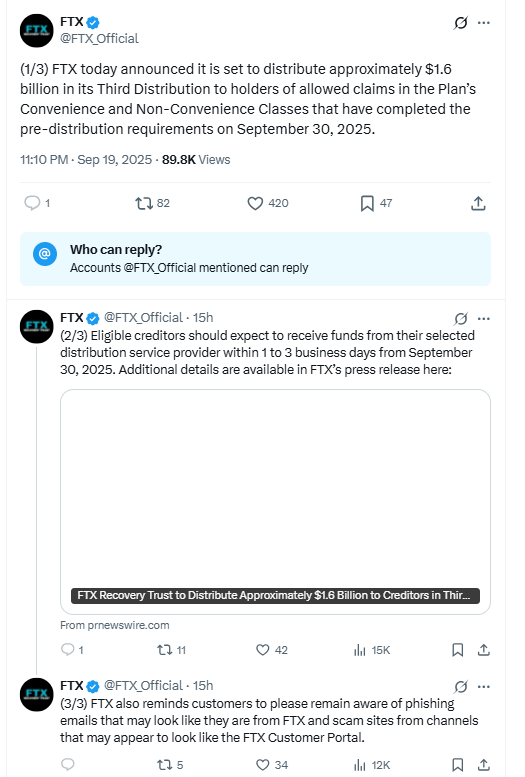 FTX Third Distribution $1.6B. Source: FTX on X