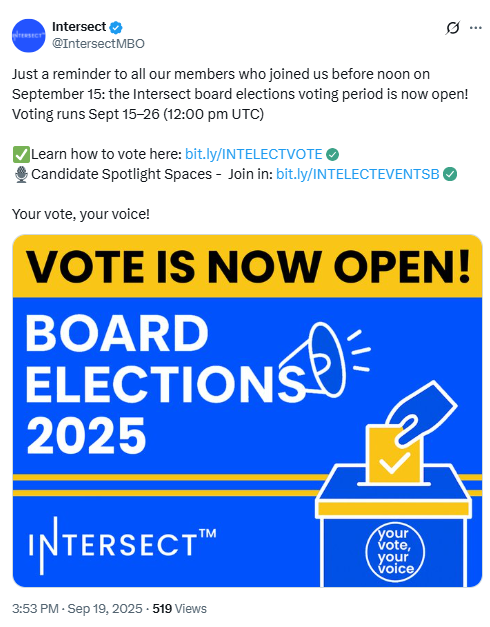 Intersect Board Elections 2025 Voting Open. Source: Intersect on X