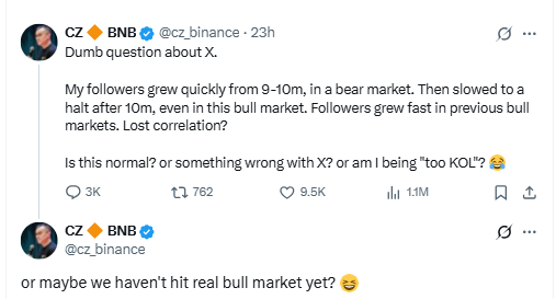 CZ Bull Market Comment. Source: CZ on X