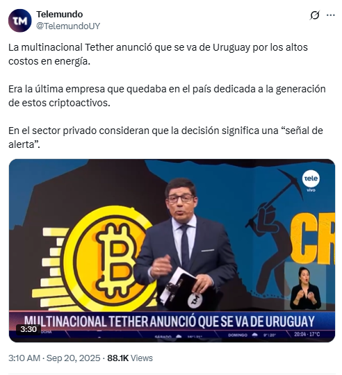 Tether Uruguay Exit Claim. Source: Telemundo UY on X