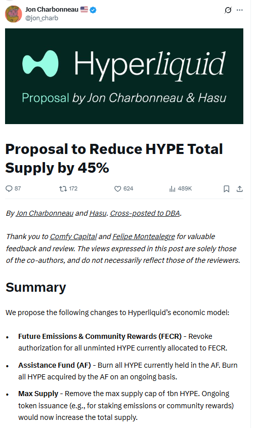 HYPE Supply Cut Proposal. Source: Jon Charbonneau on X