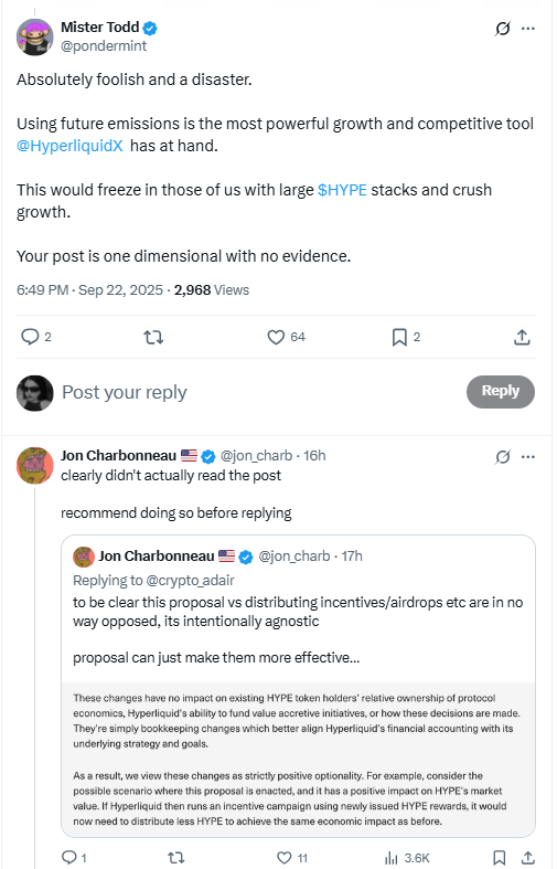 HYPE Emissions Critique and Reply. Source: Mister Todd and Jon Charbonneau on X