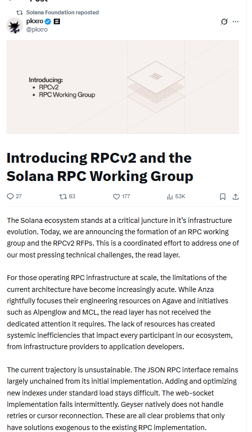 Introducing RPCv2 and the Solana RPC Working Group. Source: pkxro on Farcaster