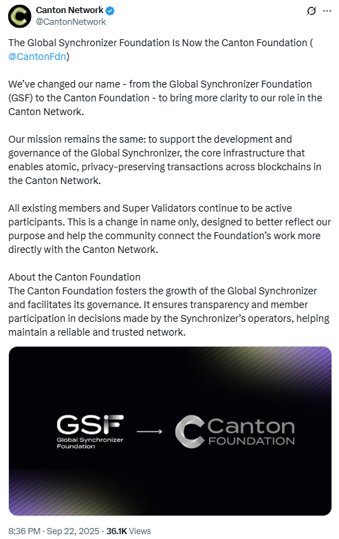 Canton Foundation Rebrand Update. Source: Canton Network on X