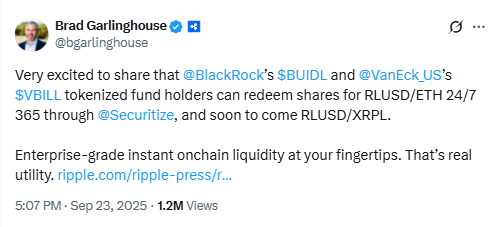 RLUSD Redemption for Tokenized Funds. Source: Brad Garlinghouse on X