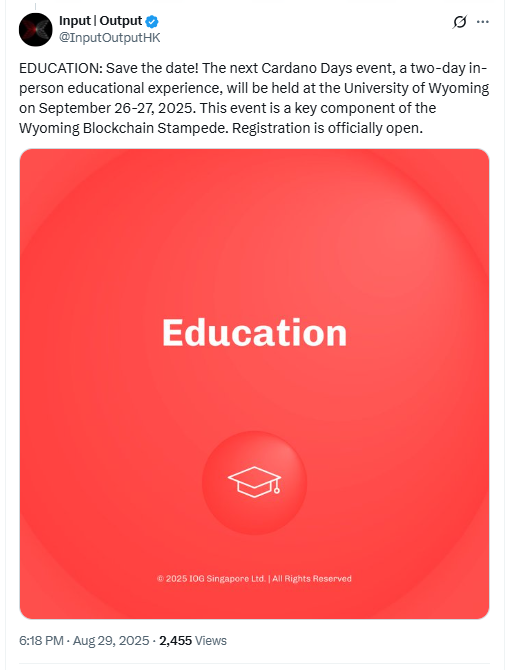 Cardano Days Education Wyoming. Source: Input Output on X