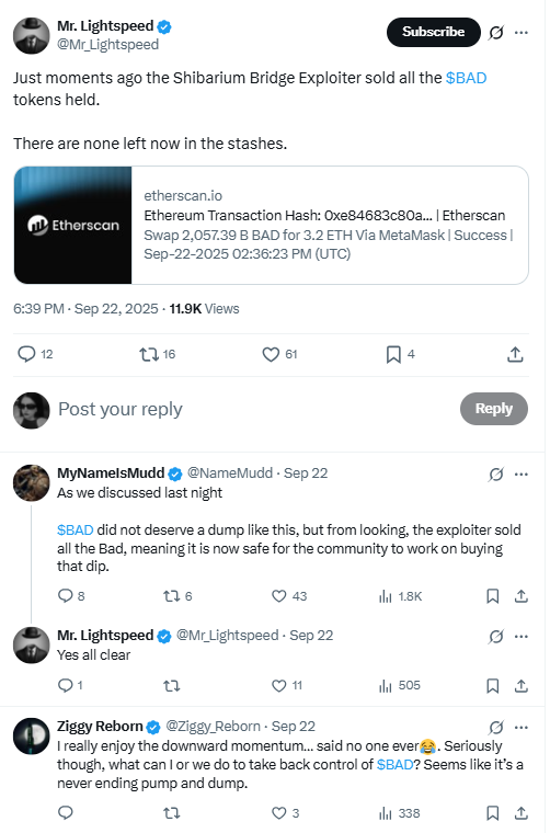 Shibarium Bridge Exploiter Sells All BAD. Source: Mr. Lightspeed on X