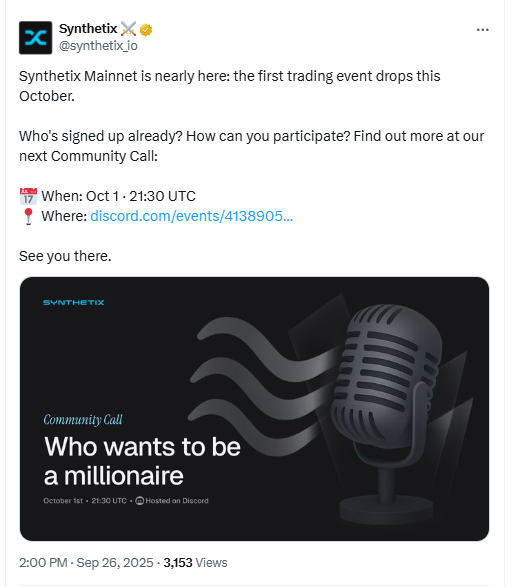 Synthetix Mainnet Community Call. Source: Synthetix on X
