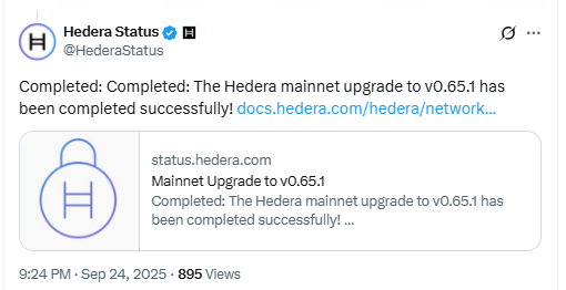 Hedera Mainnet v0.65.1 Completed. Source: Hedera Status on X