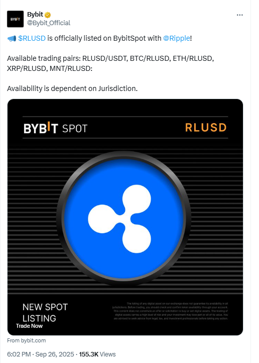RLUSD Bybit Spot Listing. Source: Bybit