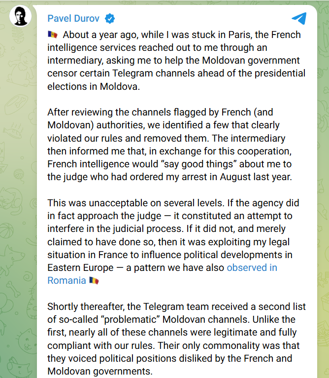 Telegram Moldova Censorship Claim. Source: Pavel Durov on Telegram