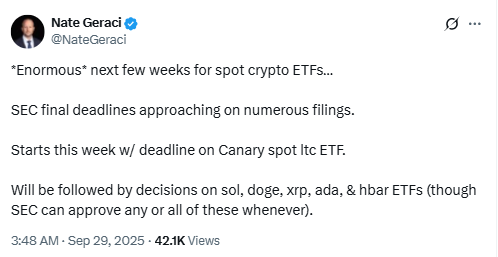 Nate Geraci ETF Deadlines Post. Source: Nate Geraci on X